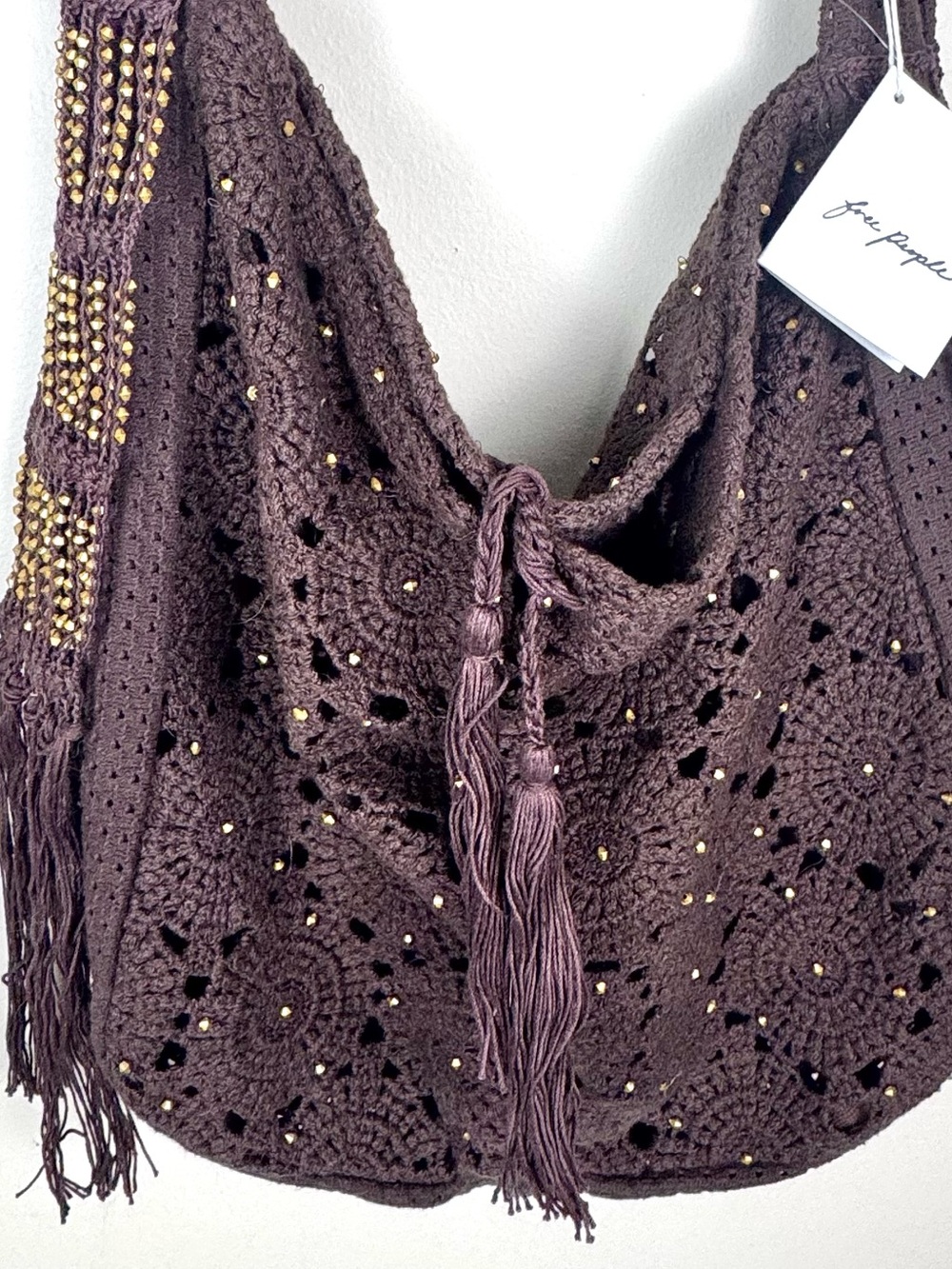 Free People Sunrise To Sunset Crochet Tote Bag Brown Fringe - Picture 10 of 17